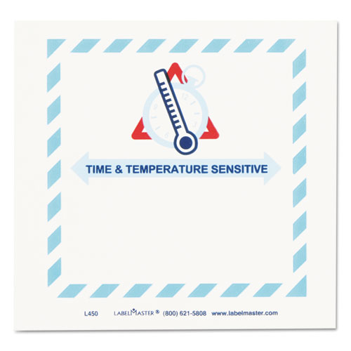 Image of Shipping and Handling Self-Adhesive Labels, TIME and TEMPERATURE SENSITIVE, 5.5 x 5, Blue/Gray/Red/White, 500/Roll