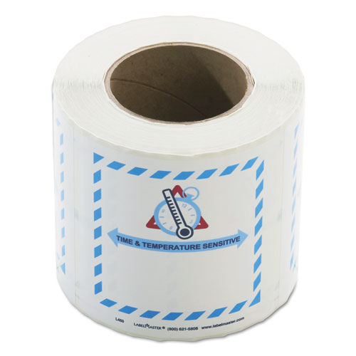 Image of Shipping and Handling Self-Adhesive Labels, TIME and TEMPERATURE SENSITIVE, 5.5 x 5, Blue/Gray/Red/White, 500/Roll