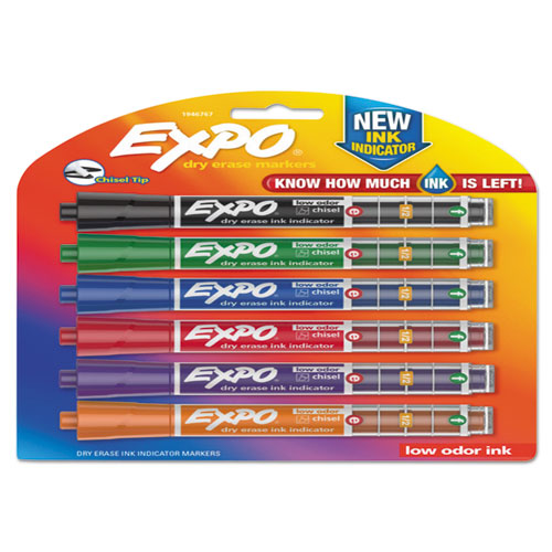 EXPO® Ink Indicator Dry Erase Marker, Chisel Tip, Assorted Colors, 6/Set