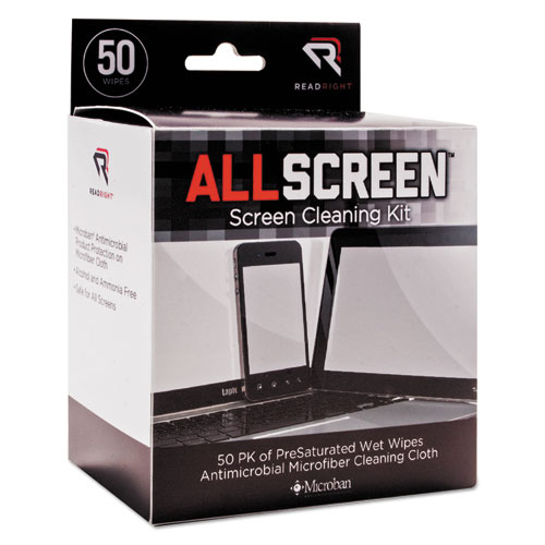 Read Right® AllScreen Screen Cleaning Kit, 50 Individually Wrapped Presaturated Wipes, 1 Microfiber Cloth/Box
