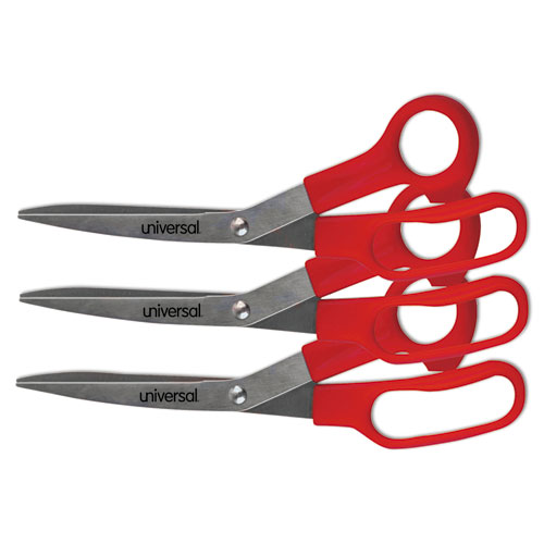General Purpose Stainless Steel Scissors, 7.75 Long, 3 Cut Length, Red Offset Handles, 3/Pack