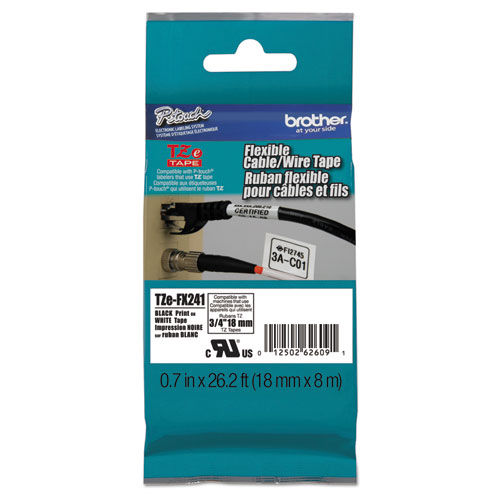 Image of Brother P-Touch® Tze Flexible Tape Cartridge For P-Touch Labelers, 0.7" X 26.2 Ft, Black On White