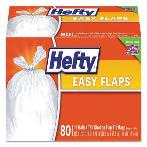 Hefty® Easy Flaps Trash Bags, 13 gal, 0.69 mil, 23.75" x 28", White, 80 Bags/Box, 3 Boxes/Carton