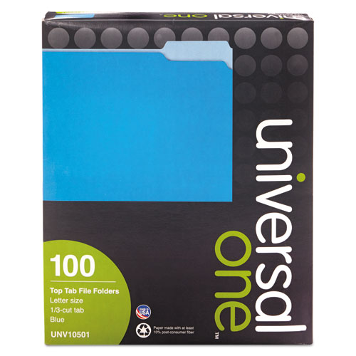 Image of Deluxe Colored Top Tab File Folders, 1/3-Cut Tabs: Assorted, Letter Size, Blue/Light Blue, 100/Box