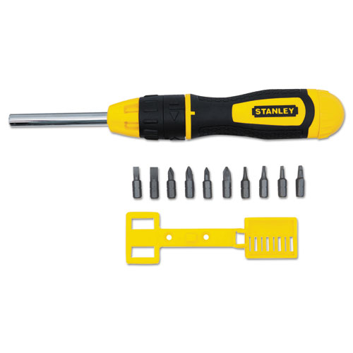 Image of Stanley Tools® 3 Inch Multi-Bit Ratcheting Screwdriver, 10 Bits, Black/Yellow