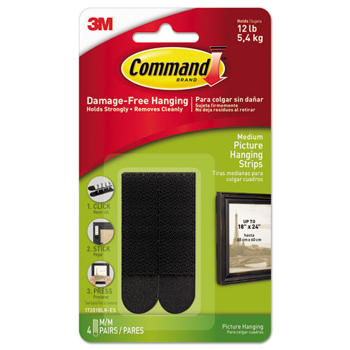 Command™ Picture Hanging Strips, Removable, Holds Up to 3 lbs per Pair, 0.75 x 2.75, Black, 4 Pairs/Pack