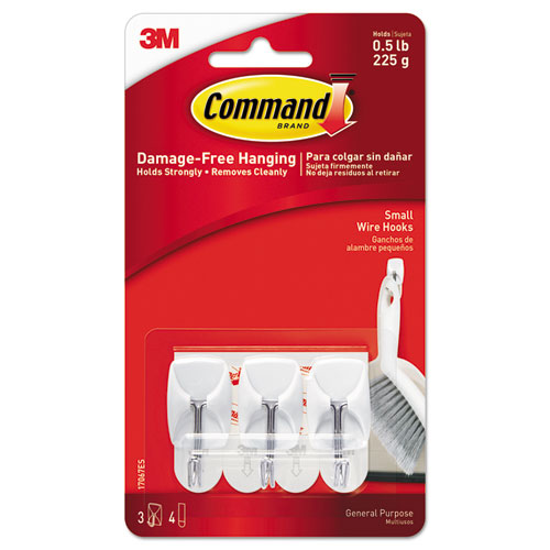 Command™ General Purpose Wire Hooks, Small, Metal, White, 0.5 Lb Capacity, 3 Hooks And 4 Strips/Pack