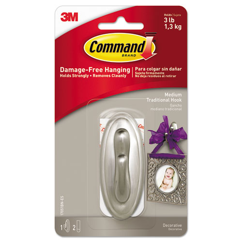 Image of Decorative Hooks, Traditional, Medium, Plastic, Brushed Nickel, 3 lb Capacity, 1 Hook and 2 Strips/Pack