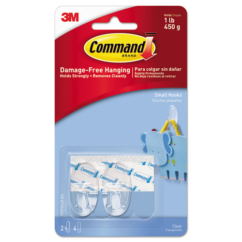 Clear Hooks and Strips, Plastic, Small, 2 Hooks and 4 Strips/Pack