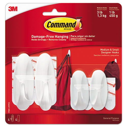 General Purpose Designer Hooks, Small/Medium, Plastic, White, 1lb and 3 lb Capacities, 4 Hooks and 4 Strips/Pack