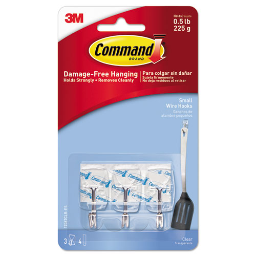Command™ Clear Hooks and Strips, Plastic/Wire, Small, 3 Hooks and 4 Strips/Pack