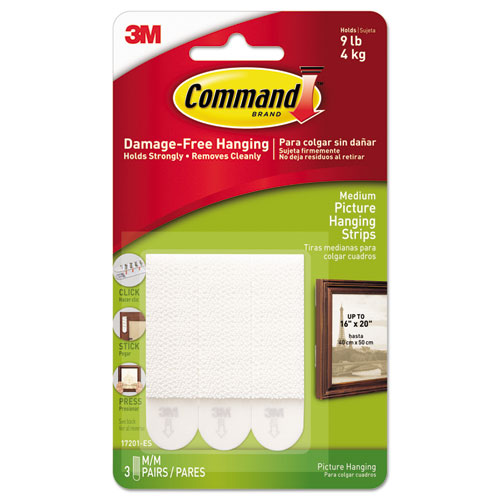 Command™ Picture Hanging Strips, Removable, Holds Up to 3 lbs per Pair, 0.75 x 2.75, White, 3 Pairs/Pack