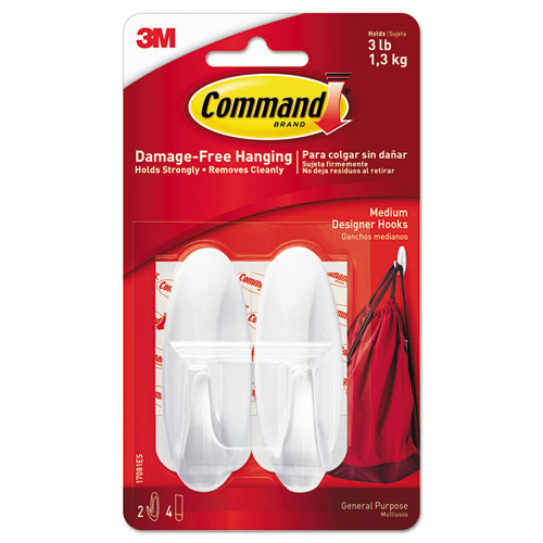 Command™ General Purpose Designer Hooks, Medium, 3 lb Cap, White, 2 Hooks and 4 Strips/Pack