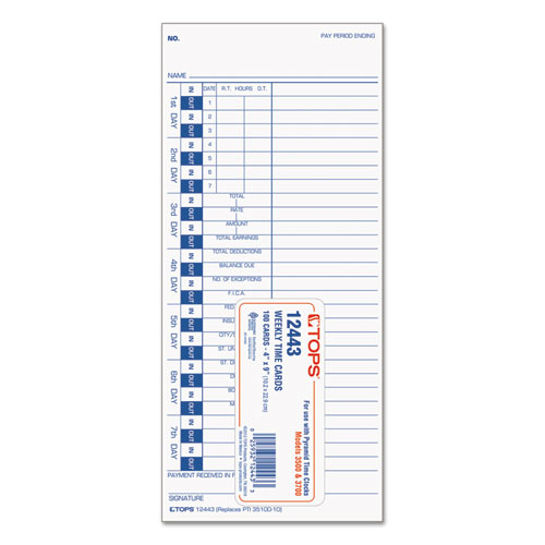 Image of Tops™ Time Clock Cards, Replacement For 35100-10, One Side, 4 X 9, 100/Pack