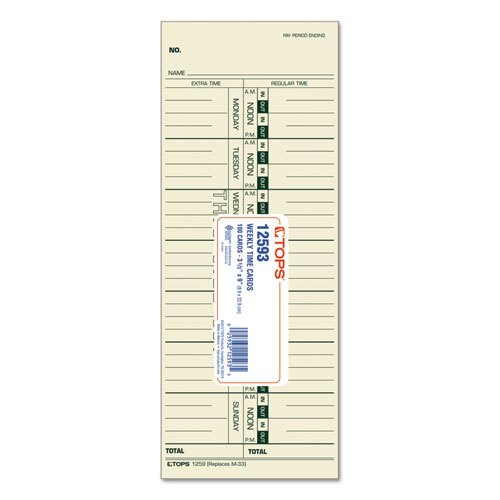 Image of Tops™ Time Clock Cards, Replacement For 10-800292/M-33, One Side, 3.5 X 9, 100/Pack