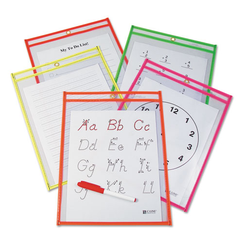 Reusable Dry Erase Pockets, 9 x 12, Assorted Neon Colors, 10/Pack | by Plexsupply