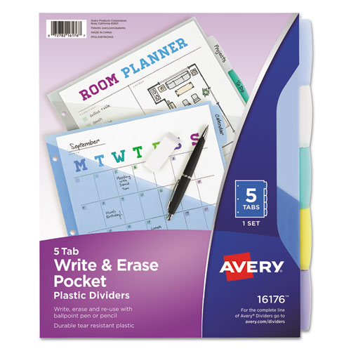 WRITE AND ERASE DURABLE PLASTIC DIVIDERS WITH POCKET, 3-HOLD PUNCHED, 5-TAB, 11.13 X 9.25, ASSORTED, 1 SET