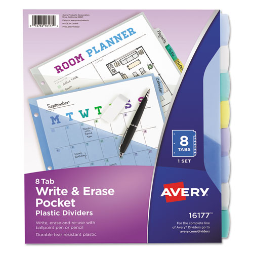 Write and Erase Durable Plastic Dividers with Pocket, 3-Hold Punched, 8-Tab, 11.13 x 9.25, Assorted, 1 Set