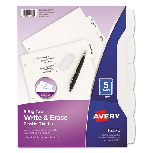 Write and Erase Big Tab Durable Plastic Dividers, 3-Hole Punched, 5-Tab, 11 x 8.5, White