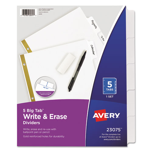 Image of Avery® Write And Erase Big Tab Paper Dividers, 5-Tab, 11 X 8.5, White, White Tabs, 1 Set