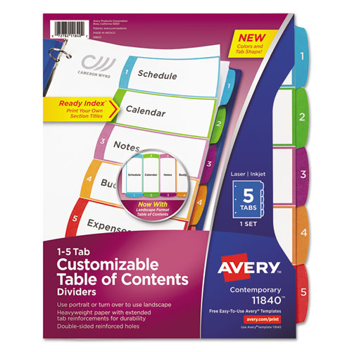 Customizable TOC Ready Index Multicolor Tab Dividers, 5-Tab, 1 to 5, 11 x 8.5, White, Contemporary Color Tabs, 1 Set