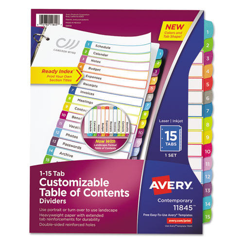 Avery® Customizable Toc Ready Index Multicolor Tab Dividers, 15-Tab, 1 To 15, 11 X 8.5, White, Contemporary Color Tabs, 1 Set