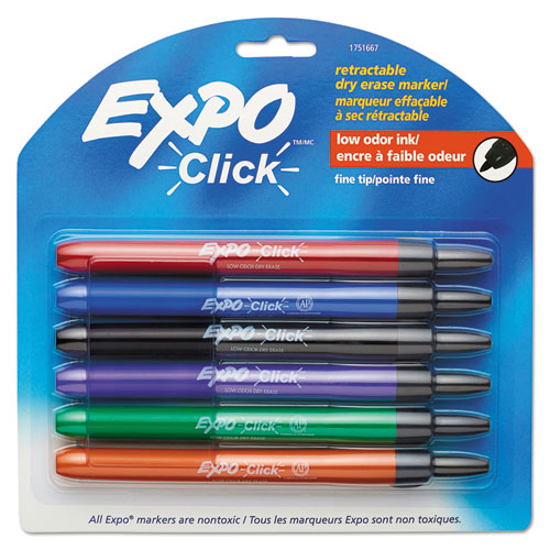 Click Dry Erase Marker, Fine Bullet Tip, Assorted Colors, 6/Pack