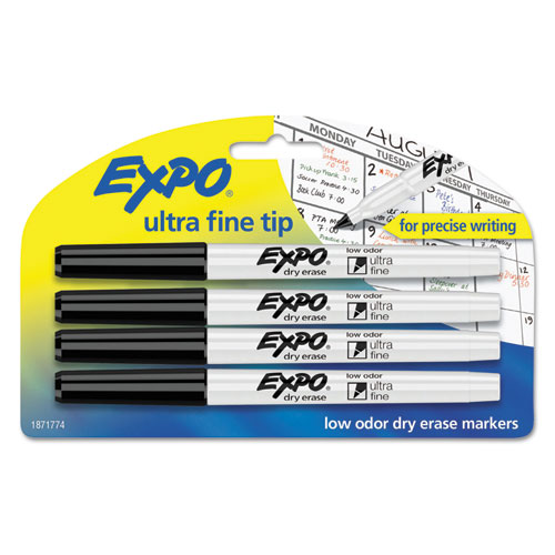 Low-Odor Dry-Erase Marker, Extra-Fine Needle Tip, Black, 4/Pack | by Plexsupply