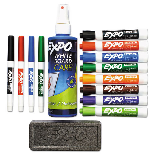Low-Odor Dry Erase Marker, Eraser & Cleaner Kit, Assorted Tips, Assorted Colors, 12/Set