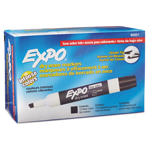Low-Odor Dry-Erase Marker, Broad Chisel Tip, Black, Dozen | by Plexsupply
