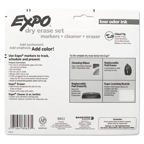 Low-Odor Dry Erase Marker Starter Set, Broad Chisel Tip, Assorted Colors, 4/Set