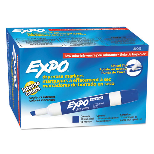 Low-Odor Dry-Erase Marker, Broad Chisel Tip, Blue, Dozen | by Plexsupply