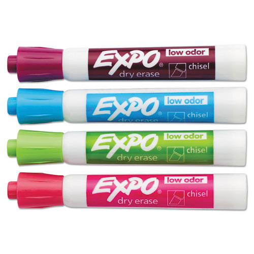 Low-Odor Dry-Erase Marker, Broad Chisel Tip, Assorted Colors, 4/Set
