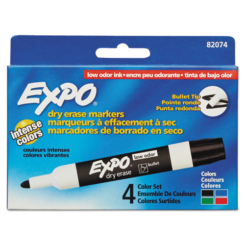 Low-Odor Dry-Erase Marker, Medium Bullet Tip, Assorted Colors, 4/Set