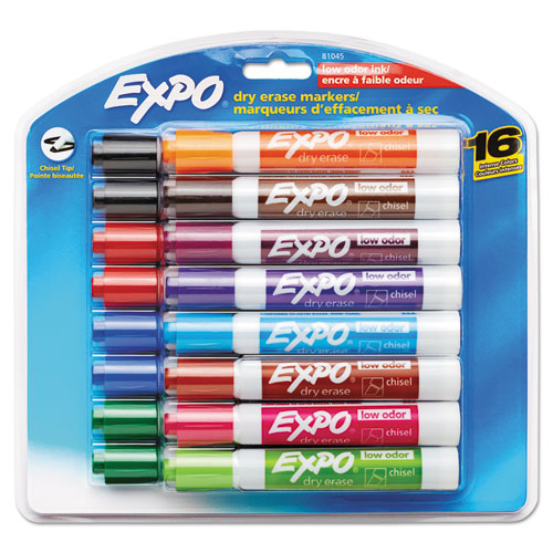 Low-Odor Dry-Erase Marker, Broad Chisel Tip, Assorted Colors, 16/Set | by Plexsupply
