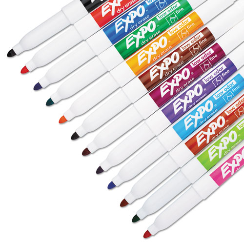 Low-Odor Dry-Erase Marker, Fine Bullet Tip, Assorted Colors, 12/Set