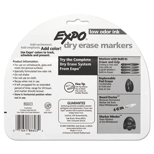 Image of Expo® Low-Odor Dry-Erase Marker, Fine Bullet Tip, Assorted Colors, 12/Set