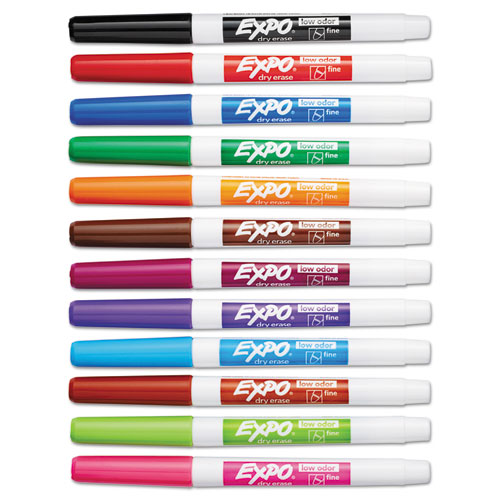Low-Odor Dry-Erase Marker, Fine Bullet Tip, Assorted Colors, 12/Set