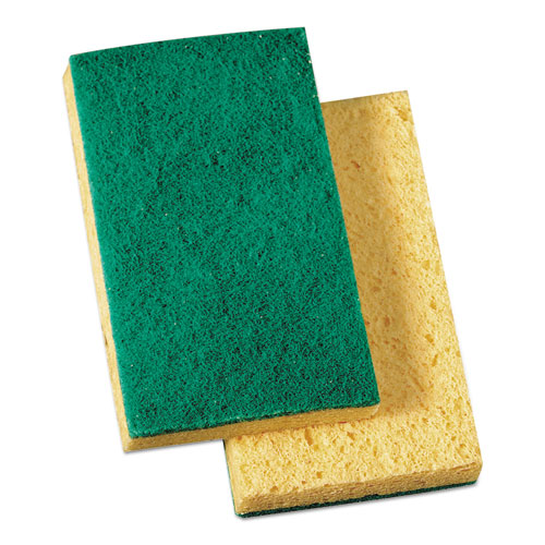 Image of Scrubbing Sponge, Medium Duty, 3.6 x 6.1, 0.75" Thick, Yellow/Green, Individually Wrapped, 20/Carton