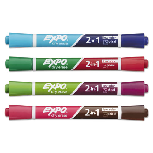 2-in-1 Dry Erase Markers, Fine/Broad Chisel Tips, Assorted Secondary Colors, 4/Pack