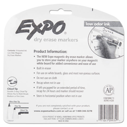 Magnetic Dry Erase Marker, Broad Chisel Tip, Assorted Colors, 4/Pack