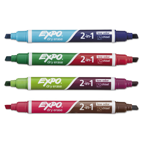 2-in-1 Dry Erase Markers, Broad/Fine Chisel Tip, Assorted Colors, 4/Pack