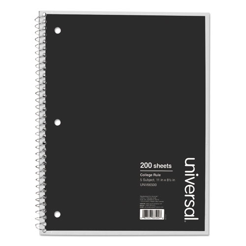 Universal® Wirebound Notebook, 5-Subject, Medium/College Rule, Black Cover, (200) 11 X 8.5 Sheets