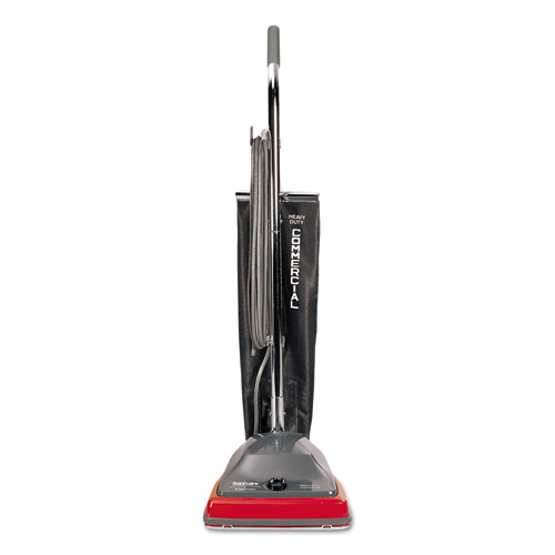 TRADITION Upright Vacuum with Shake-Out Bag, 12 lb, Gray/Red