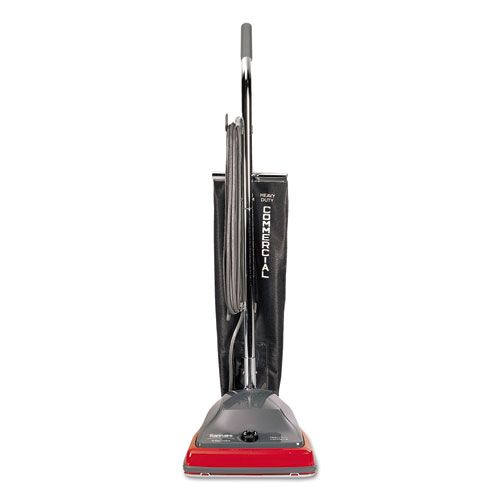 TRADITION UPRIGHT VACUUM WITH SHAKE-OUT BAG, 12 LB, GRAY/RED