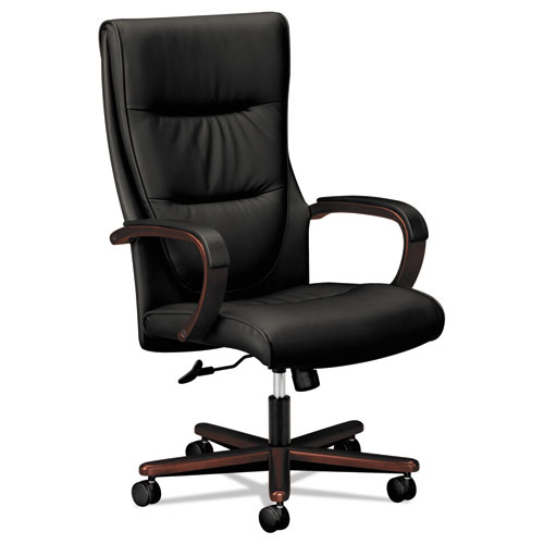 VL844 LEATHER HIGH-BACK CHAIR, SUPPORTS UP TO 250 LBS., BLACK SEAT/MAHOGANY BACK, MAHOGANY BASE