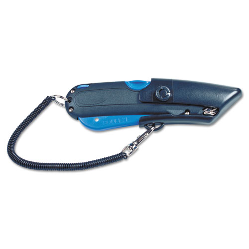 Image of Cosco Easycut Self-Retracting Cutter With Safety-Tip Blade, Holster And Lanyard, 6" Plastic Handle, Black/Blue