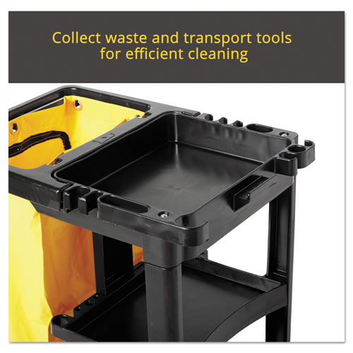 Image of Multi-Shelf Cleaning Cart, Plastic, 4 Shelves, 1 Bin, 20" x 45" x 38.25", Black