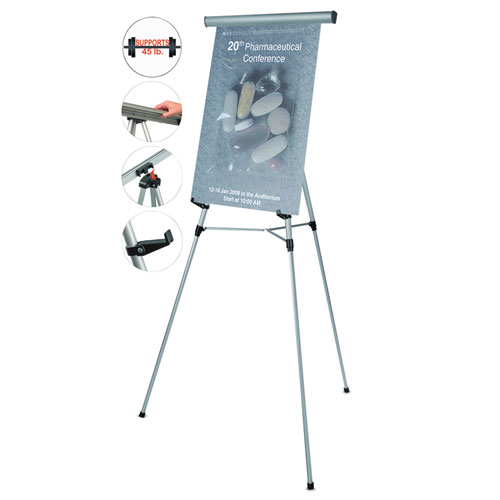 Image of Telescoping Tripod Display Easel, Adjusts 35" to 64" High, Metal, Silver