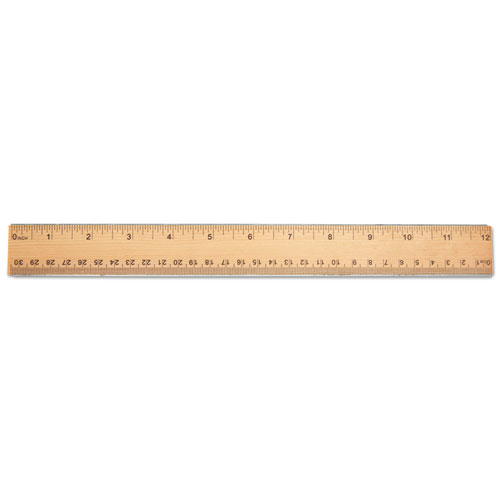 Image of Flat Wood Ruler w/Double Metal Edge, Standard, 12" Long, Clear Lacquer Finish